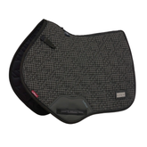 Grey houndstooth patterned saddle pad with black accents on a white background
